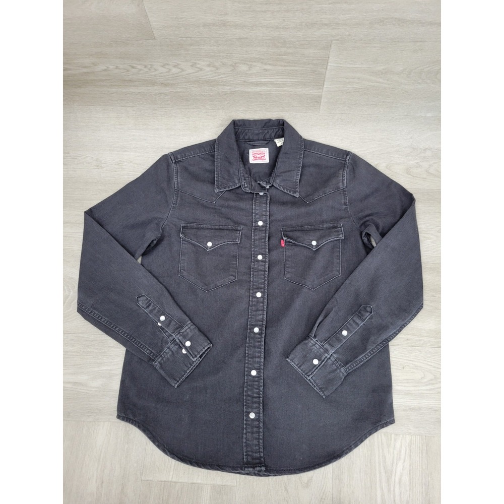 Levi's Classic Western Denim Shirt Women's S Dark Gray Button Up Pearl Snap Pock